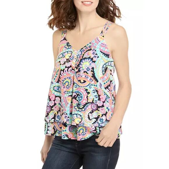 New Crown & Ivy Colorful Burst Tiered Strappy Flowy Blouse - Picture 1 of 5